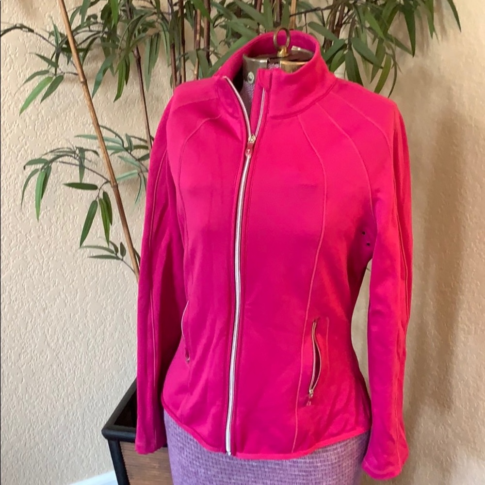 Fuchsia zip up tail tech sweater